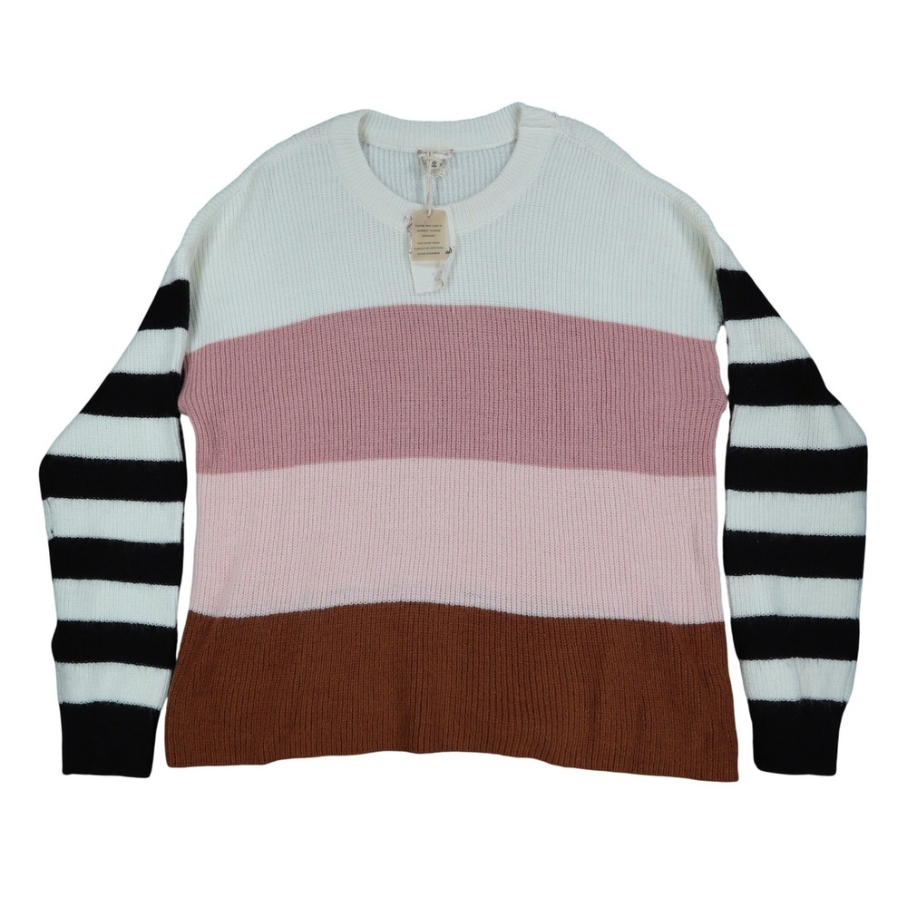 Hem & Thread Colorblock Striped Sweater Women Medium Pink Brown White Black Knit